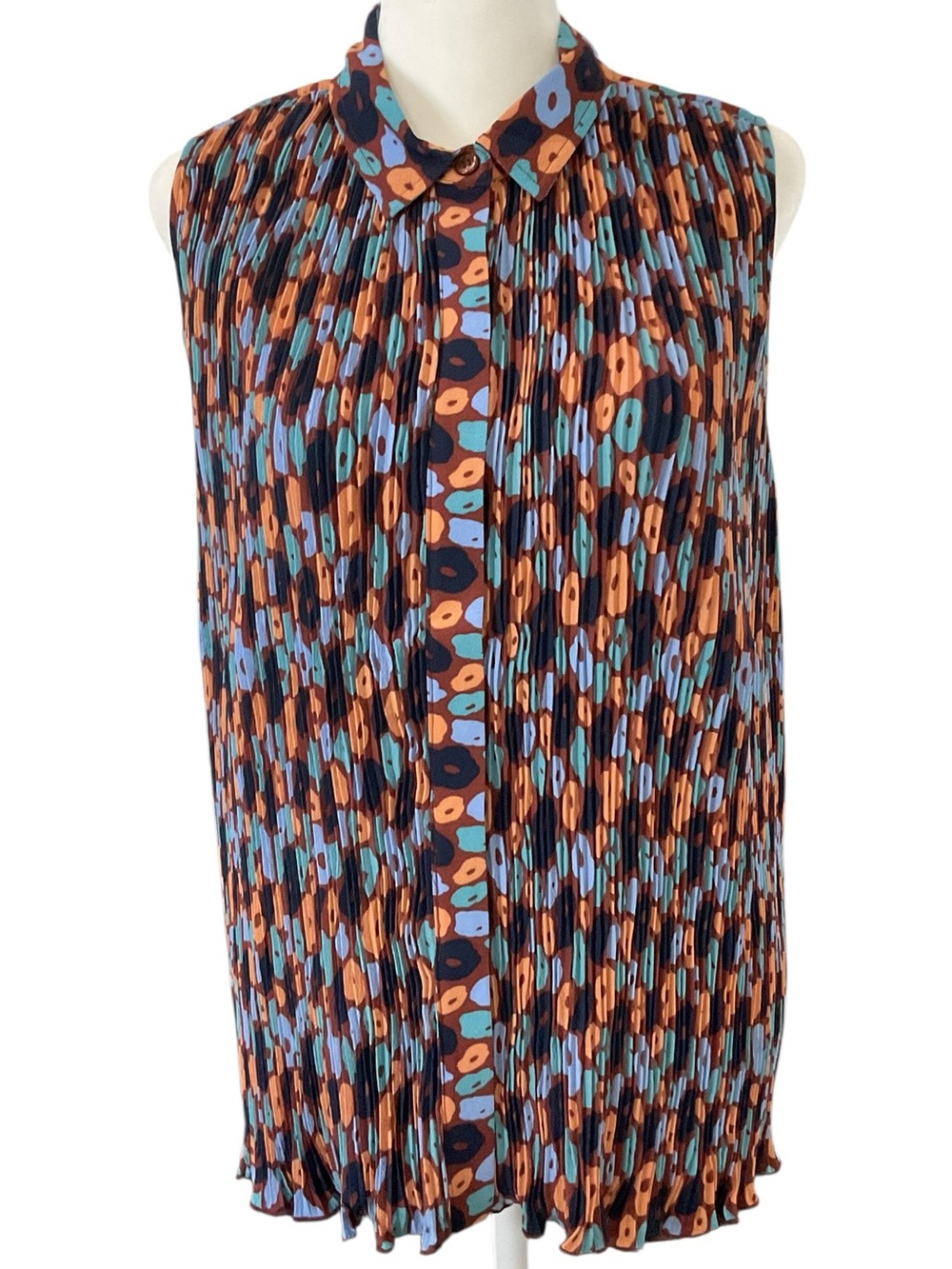 Wildfang Sleeveless Pleated Blouse in Blue & Orange Print XS